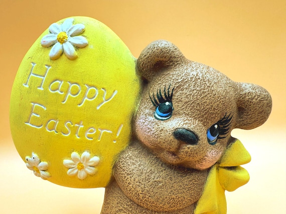 Vintage Easter Bear Figurine Hand Painted Happy Easter Decor