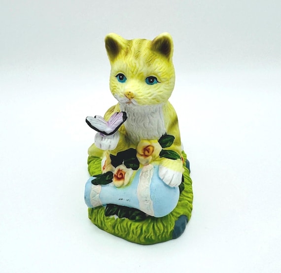 Adorable Hand-Painted Ceramic Cat  with a Butterfly - Blue Eyed Tabby with Roses