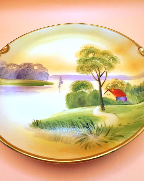 Vintage Hand Painted Nippon Landscape Double Handled Plate