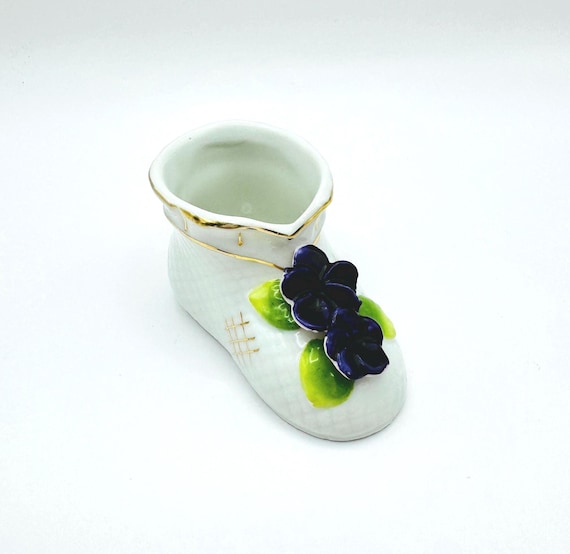 Delicate Vintage Porcelain Baby Shoe with Violets and accented with gold - Made in Japan