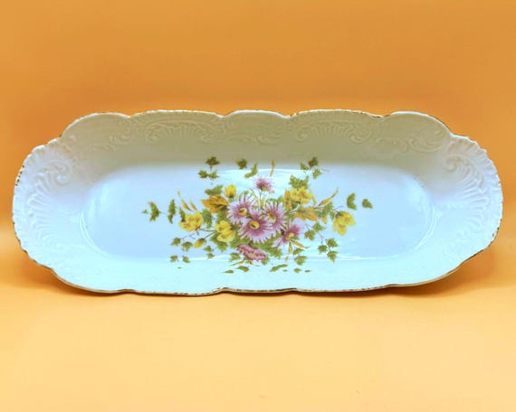 Antique Victorian Porcelain Celery Tray Floral Gold Gilt Embossed Serving Dish