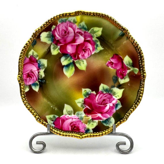 Antique Nippon Hand Painted Rose Plate Gold Beaded Rim