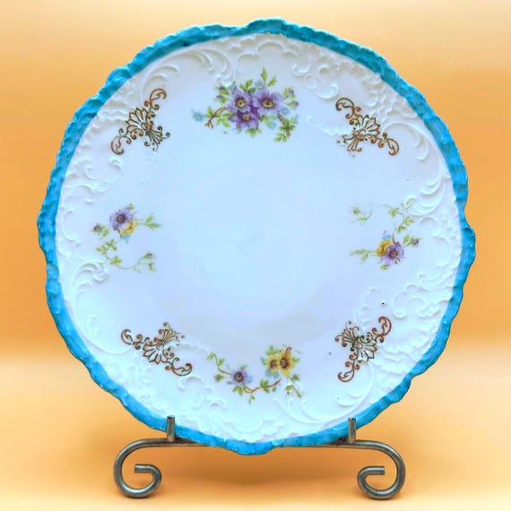 Antique Austria Carlsbad Porcelain Cabinet Plate Blue Rim Purple Floral 8"