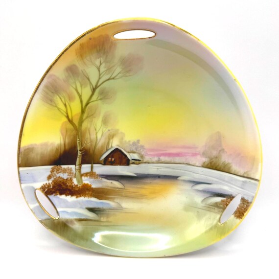 Charming Noritake Hand Painted Plate/Platter - Winter Cabin Design with Handles