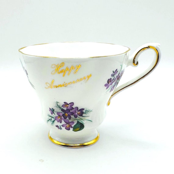 Royal Grafton Fine Bone China Teacup: Purple Violets, Gold Anniversary