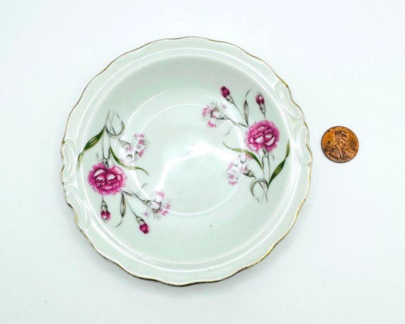 Vintage Pink Carnation Trinket Dish: Scalloped Gold Trim Berry Bowl