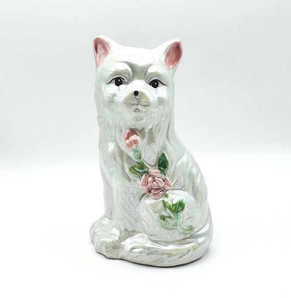 Collectible Vintage Cat Figurine with Iridescent Pearl Finish and Pink Rose Detail