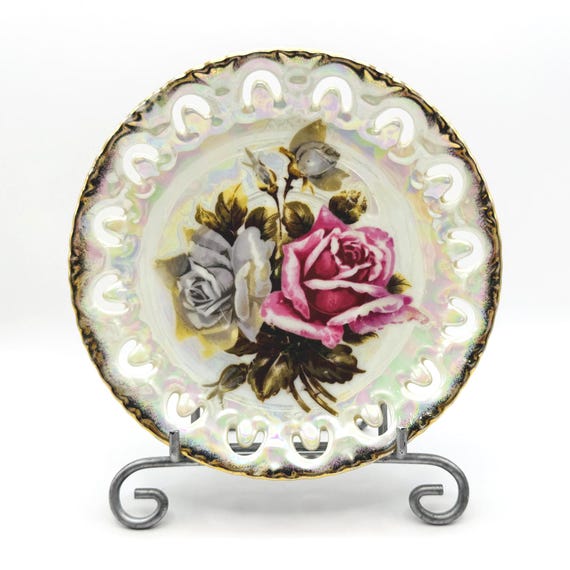 Iridescent Vintage Royal Sealy Plate with Pink & Gray Roses, Reticulated Design
