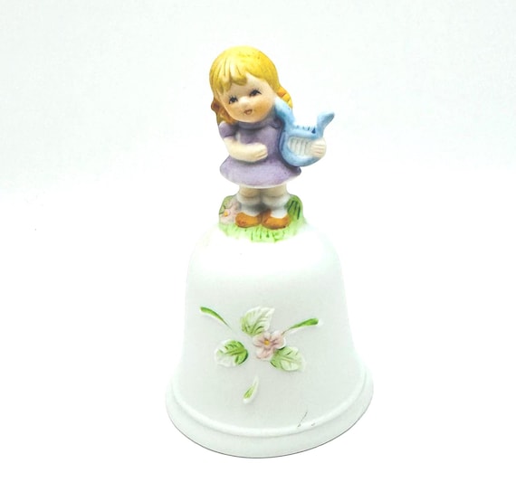 Vintage Homco Bisque Bell with Girl and Instrument - Pink Floral Design
