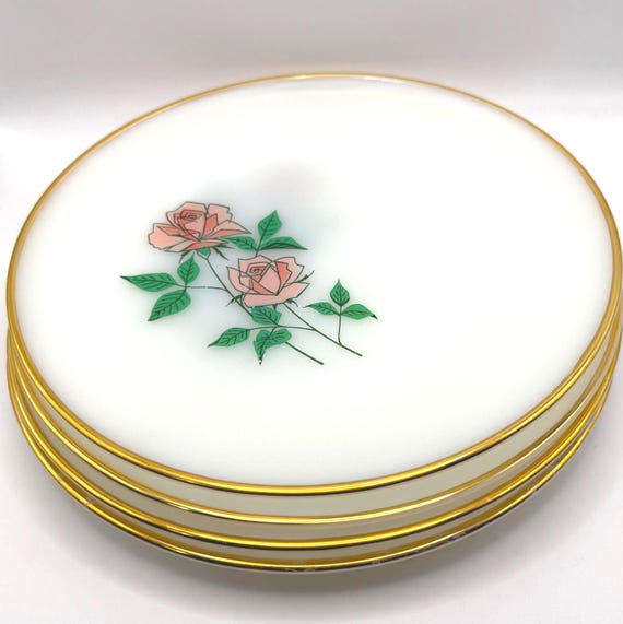 Vintage Anchor Hocking Fire-King Anniversary Rose Dinner plates Milk Glass - Set of four