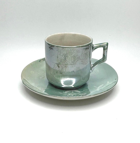 Elegant Vintage Demitasse Lusterware Green Cup & Saucer with White Flowers - Marked Japan