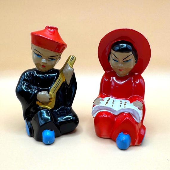 Vintage Japan Ceramic Figurine Pair | Mid Century Asian Couple | Hand Painted Decor