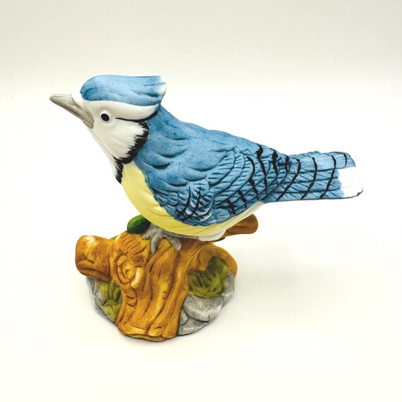Hand Painted Blue Jay Figurine on Branch | Vintage Porcelain Bird Decoration