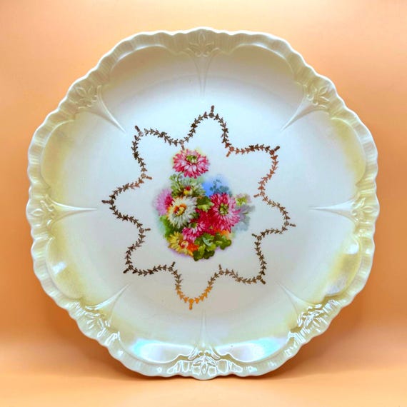 Vintage Iridescent Floral Platter Ruffled Edge Gold Trim Porcelain Serving Plate