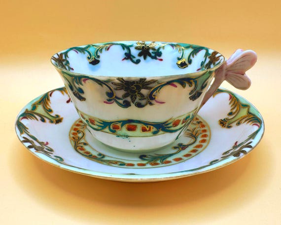 Antique Art Nouveau Dragonfly Handle Teacup & Saucer Hand Painted Eggshell Porcelain