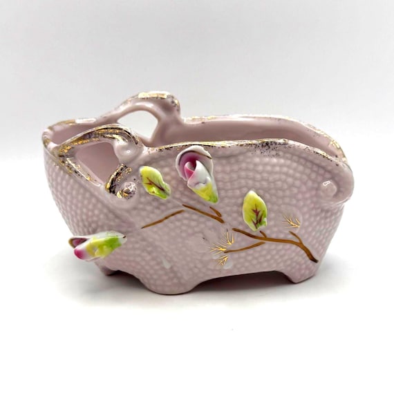 Vintage Pink Porcelain Basket Planter with Roses