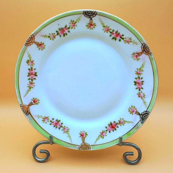 Antique Hand Painted Nippon Plate with Pink Florals & Green Rim (c. 1911–1921)