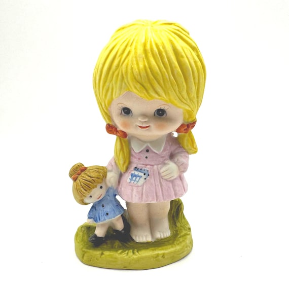 Homco Ceramic Figurine - Retro Blonde Girl Holding Doll