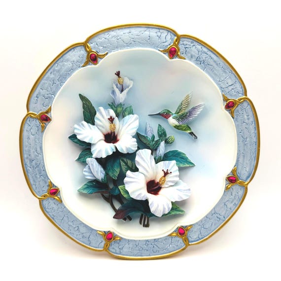 Vintage Lena Liu's 3D Decorative 'Morning Jewels' Plate 'Rose Colored Dawn' - Hummingbird Collectible