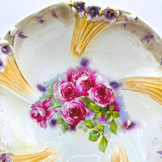 Antique Large Johann Seltmann Bavarian Decorative Bowl with Pink Roses and Luster Accents