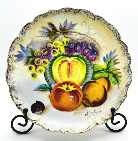 Vintage Artist Signed Hand Painted Plate - Colorful Fruit with Scalloped Edging