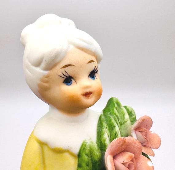 Vintage UCGC Porcelain Bisque Bell - Yellow Flower Girl Figurine
