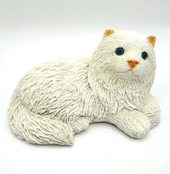 Vintage White Stone Cat Figurine: Blue-Eyed Cat Lover Gift