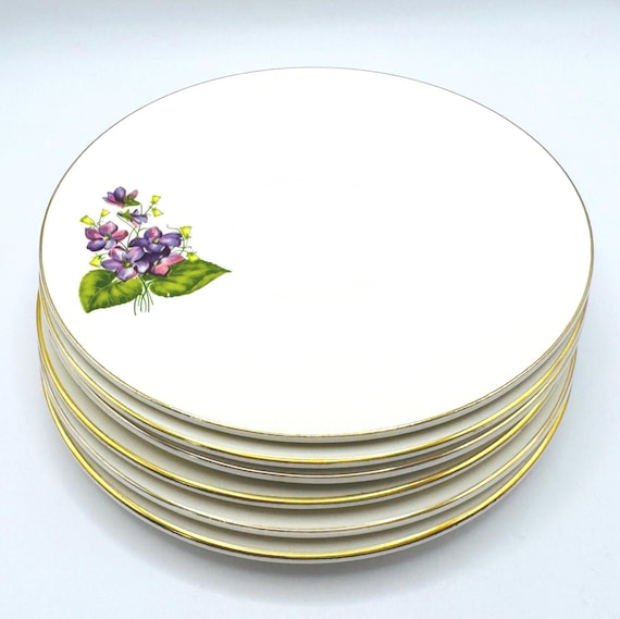 Rare Vintage Knowles Tea Saucer Set - 6 Pieces, Purple Violets, Gold Trim
