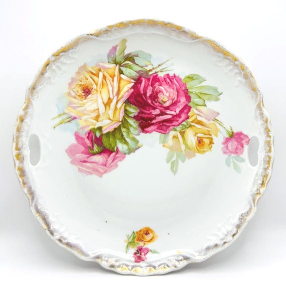 Vintage Double Handled Porcelain Platter, Pink & Yellow Roses, Scalloped Edge