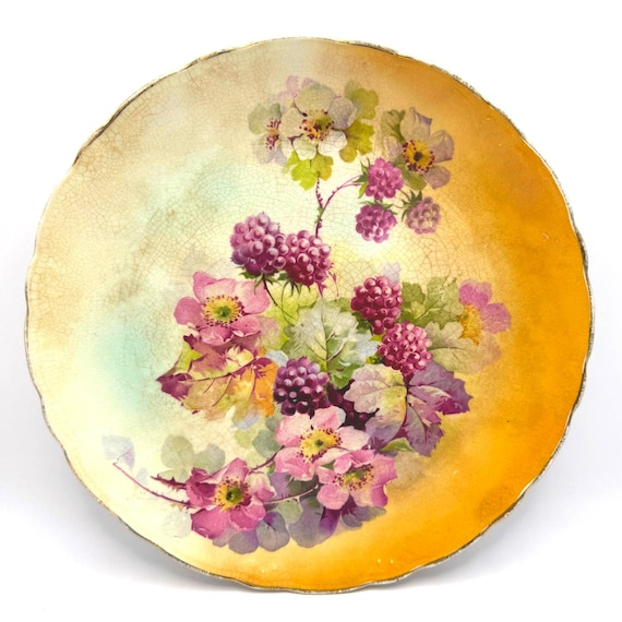 Vintage Raspberry Floral Cabinet Plate by Antique Crescent China Co - Bavarian Porcelain ca. 1900-1915
