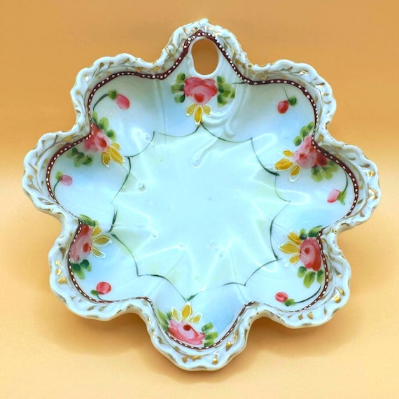 Vintage 1950s Made in Japan Porcelain Candy Dish Hand Painted Floral Trinket Bowl