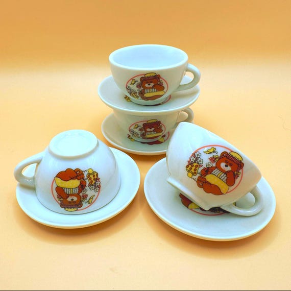 Vintage Childrens Tea Set Cups Saucers Bear Porcelain Set of 4