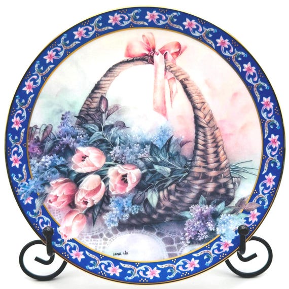 Vintage Lena Liu Tulips and Lilacs Plate - Basket of Bouquets Collectible Decor