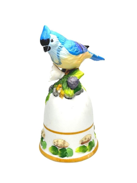 Vintage Blue Bird Ceramic Bell: Mushroom & Floral Design