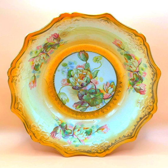 Vintage Floral Display Bowl, Gold Trim, Scalloped Rim