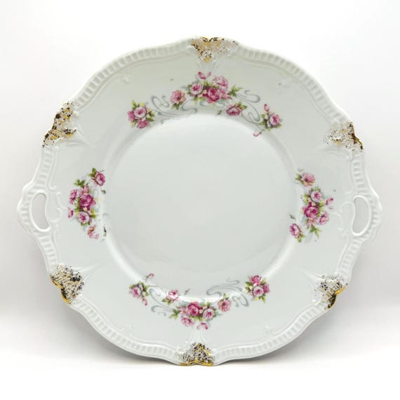 Elegant Vintage Cake Serving Tray - Pink Roses, Gold Accents, Double Handles