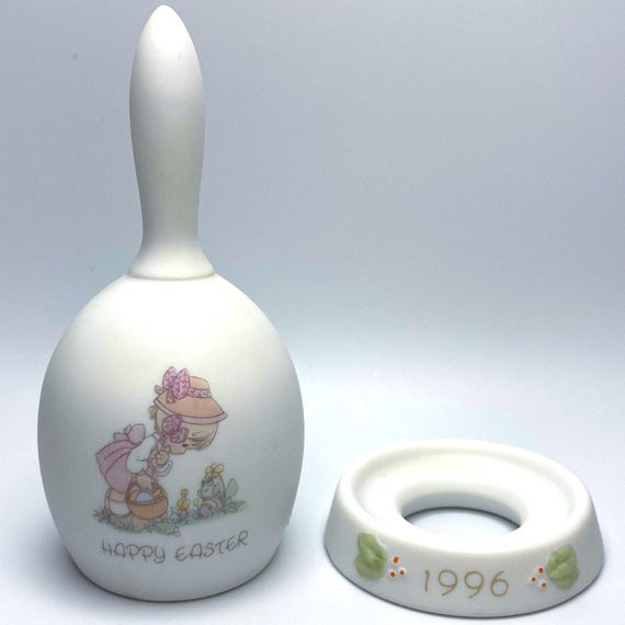 Precious Moments Easter Bell: 1988 Enesco Porcelain, Vintage Display Stand