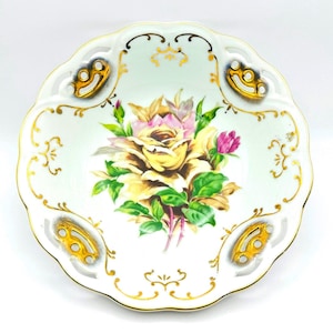 Charming Hand Painted Bowl with Large Yellow Rose - Vintage Lattice Edging and Gold Detail