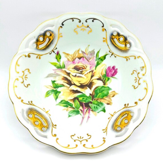 Charming Hand Painted Bowl with Large Yellow Rose - Vintage Lattice Edging and Gold Detail