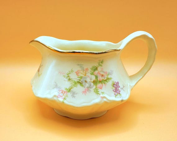 Vintage Floral Creamer Pitcher Ivory Porcelain Gold Trim Cottage Style
