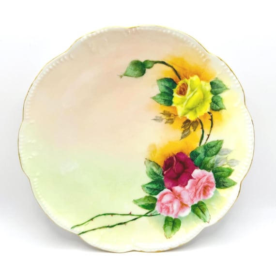 Antique France Decorative Plate 1902 | Hand Painted | Artist Signed Pink Yellow Roses