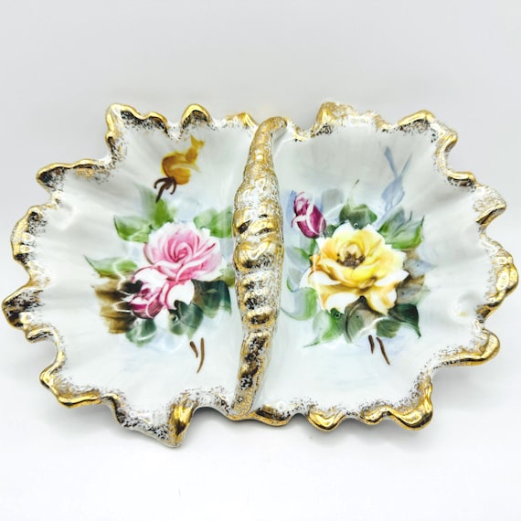 Elegant Hand Painted Candy Dish - Vintage Roses & Gold Trim