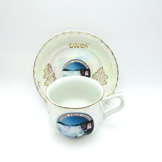 Vintage Niagara Falls Canada Teacup & Saucer - Iridescent Mother of Pearl Cup Souvenir