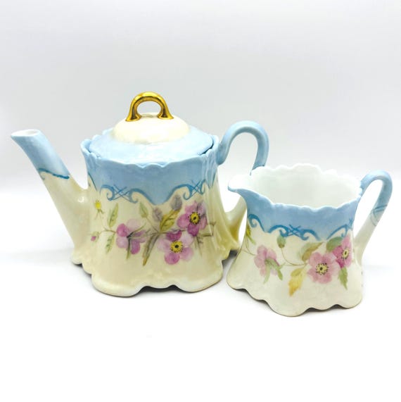 Antique Little Teapot and Creamer Set by Z.S. & Co - Pink Forget Me Not Flowers