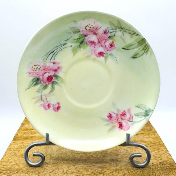 Antique Artist Signed Saucer | CT Altwasser Hand Painted Yellow, Green with Pink Florals