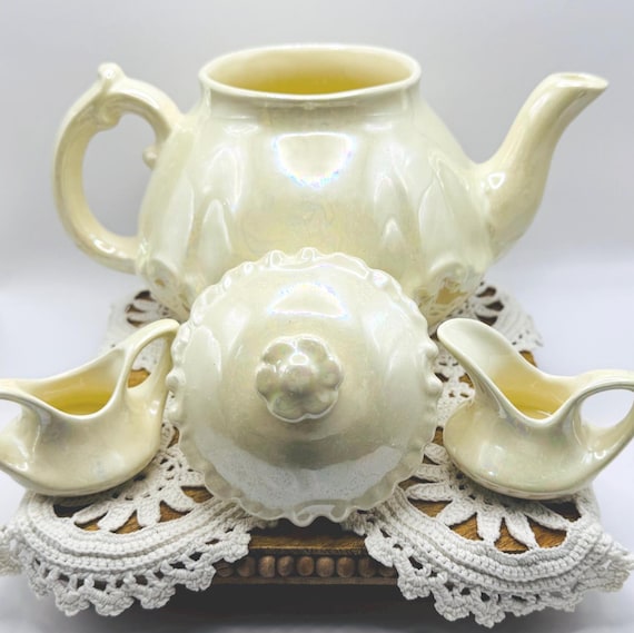 Vintage Iridescent Mother of Pearl Teapot Set - Hand Signed by Artist