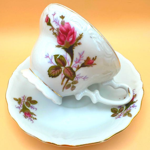 Vintage Pink Rose Footed Teacup & Saucer Gold Trim