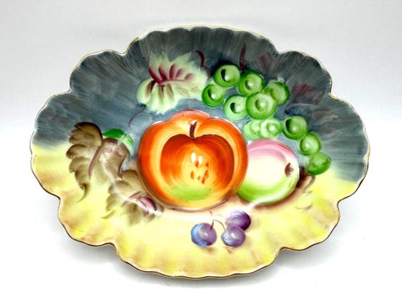 Vintage Lefton Hand Painted Fruit Dish Scalloped Gold Trim