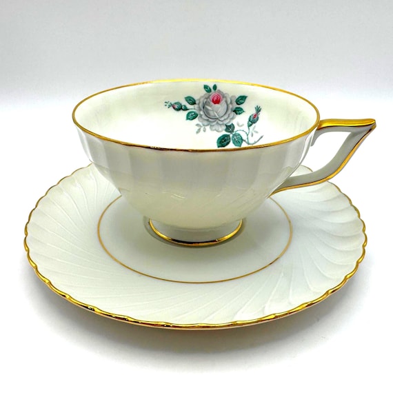 Royal Bayreuth Teacups and Saucers: Gray Rose, Gold Trim, Germany