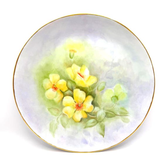 Vintage Yellow Roses Artist Signed Hand-Painted Porcelain Plate - Floral Decor Piece